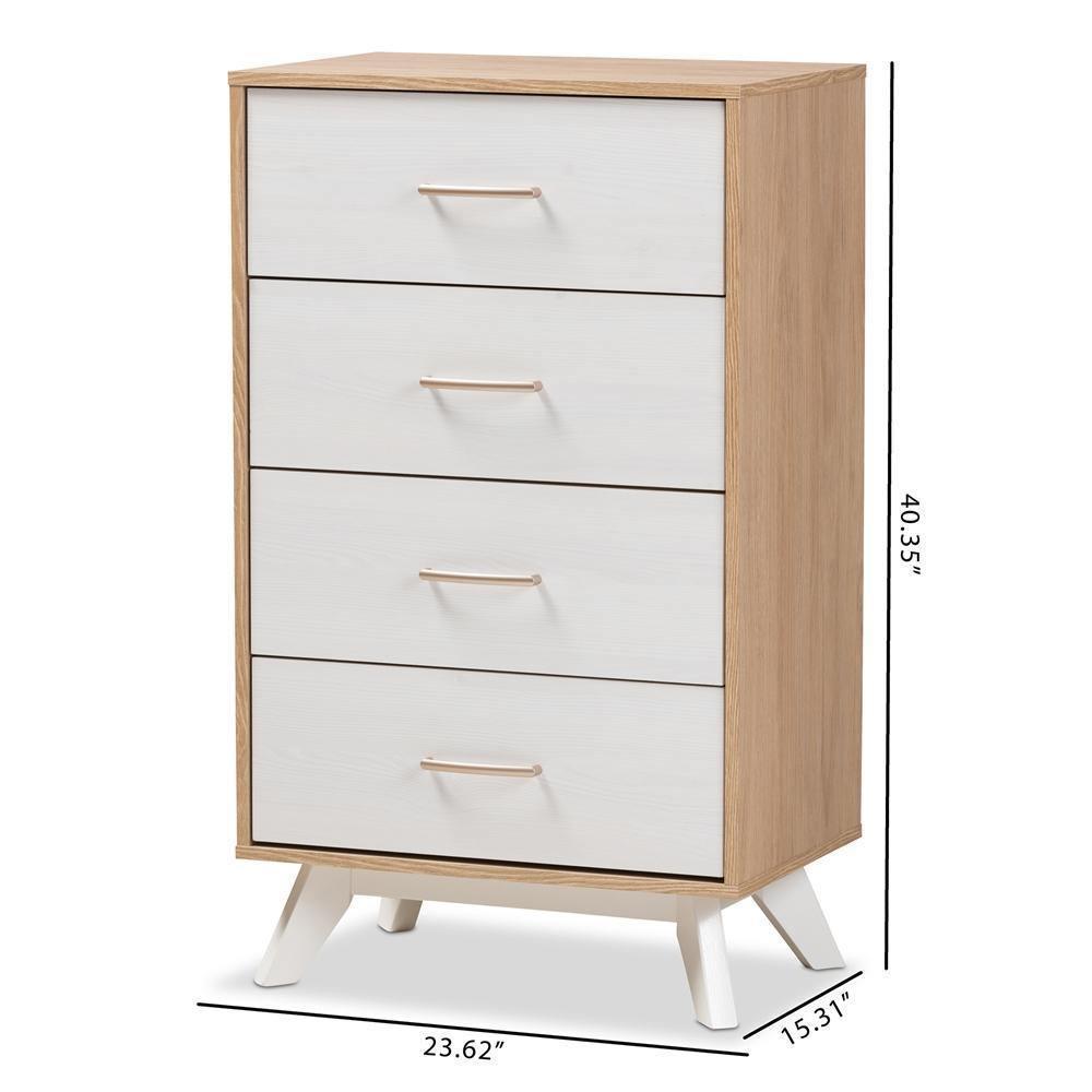 Helena Mid-Century Modern Natural Oak and Whitewashed Finished Wood 4-Drawer Chest FredCo