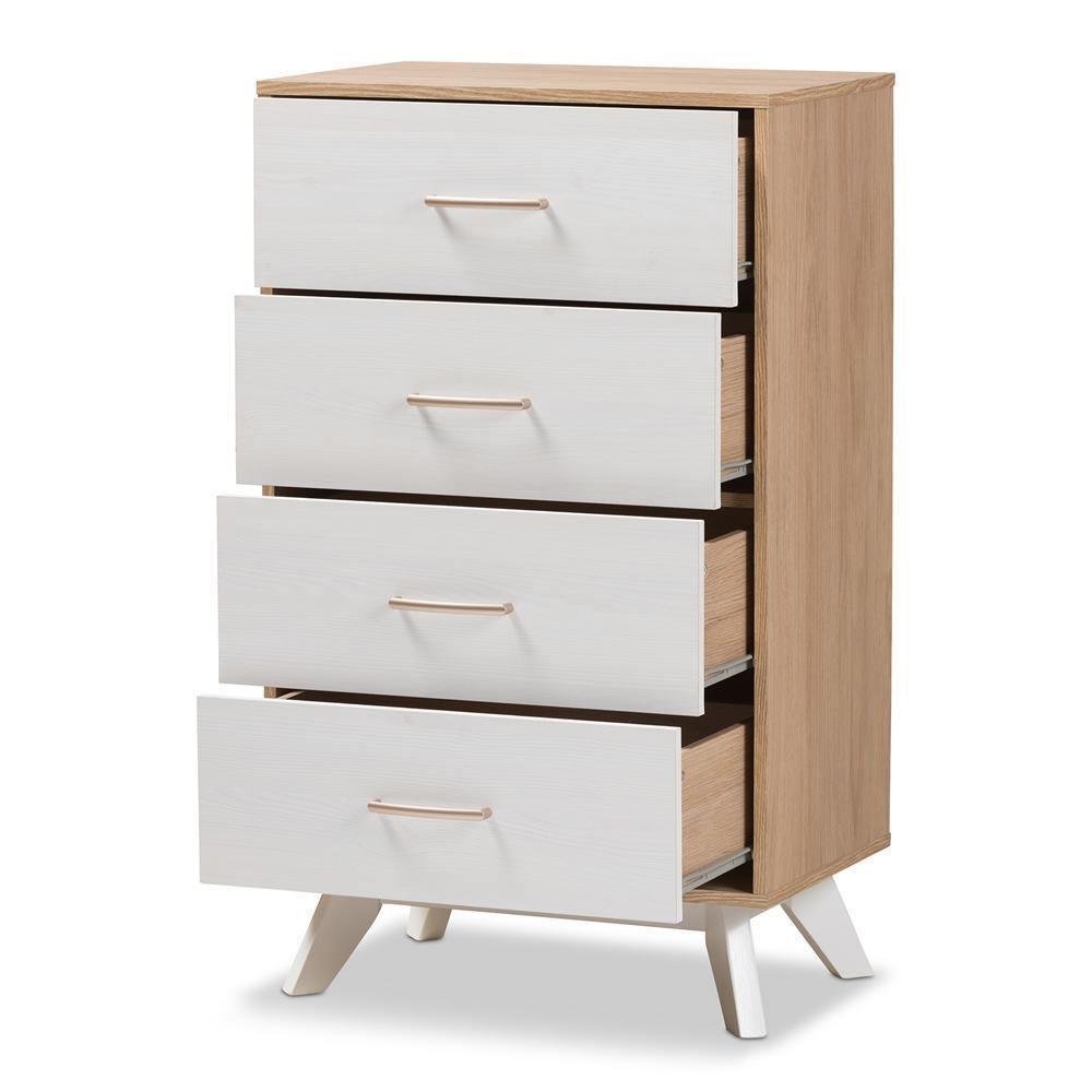 Helena Mid-Century Modern Natural Oak and Whitewashed Finished Wood 4-Drawer Chest FredCo