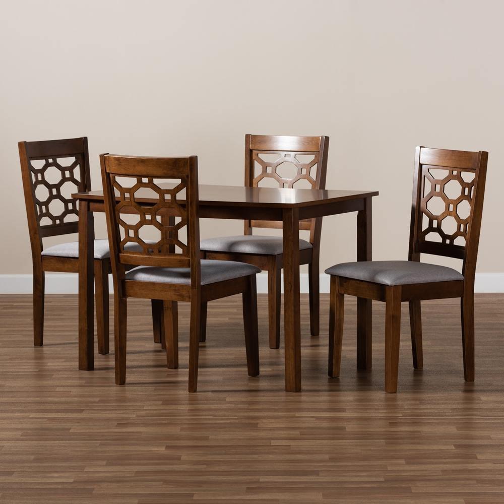 Henry Modern and Contemporary Grey Fabric Upholstered and Walnut Brown Finished Wood 5-Piece Dining Set FredCo