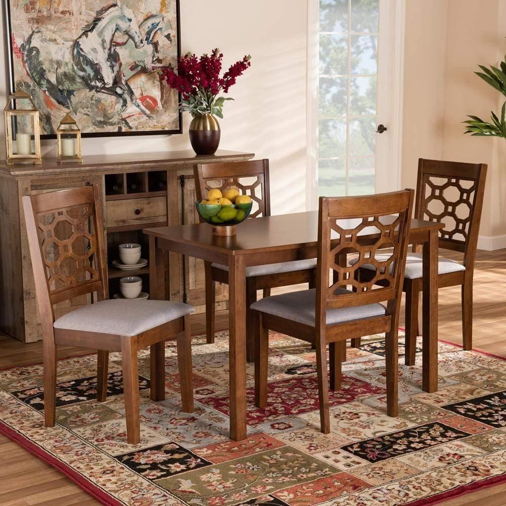Henry Modern and Contemporary Grey Fabric Upholstered and Walnut Brown Finished Wood 5-Piece Dining Set FredCo