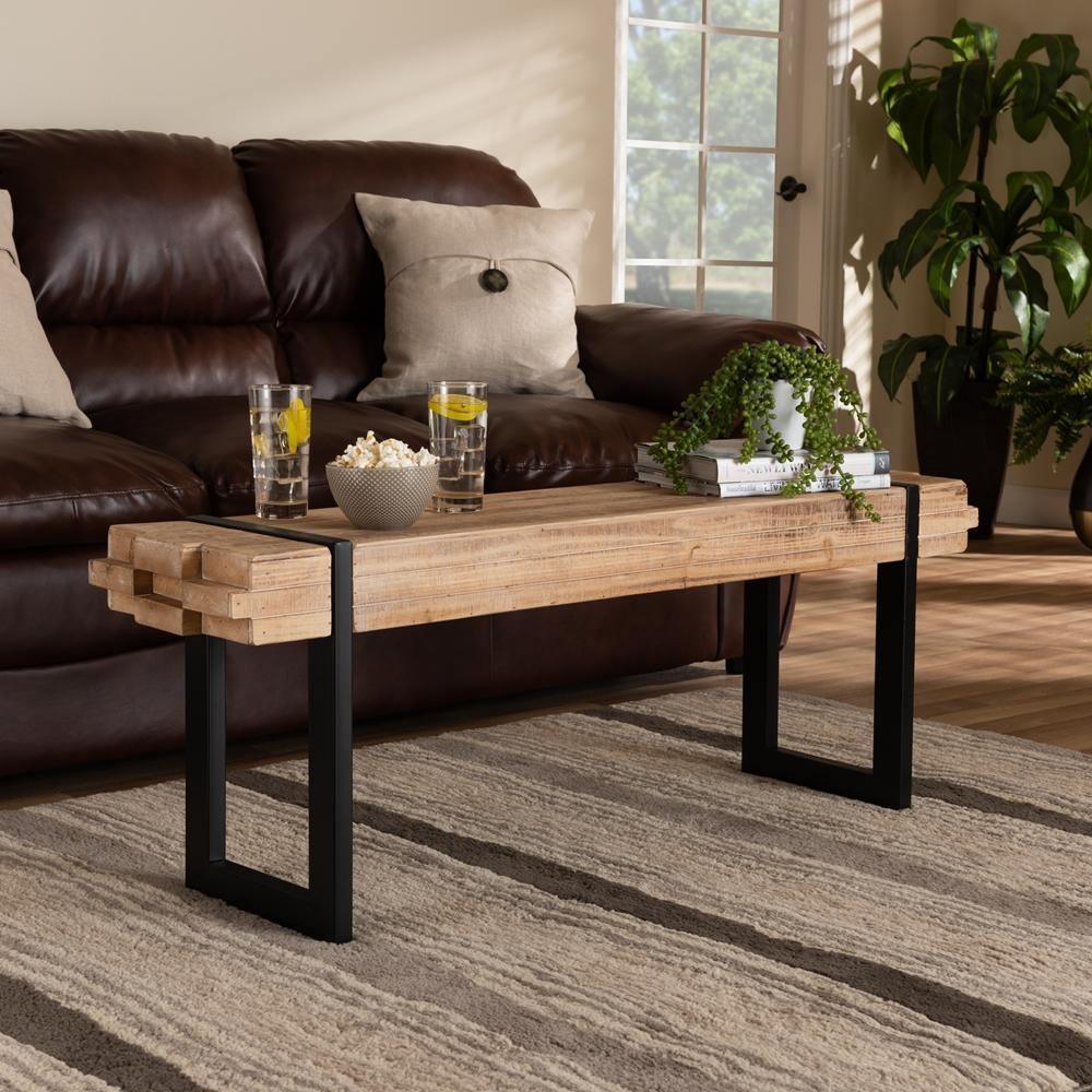 Henson Rustic and Industrial Natural Brown Finished Wood and Black Finished Metal Bench FredCo