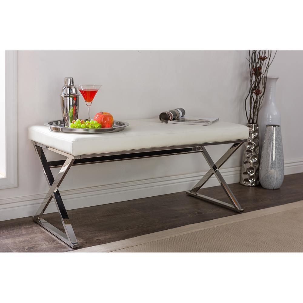 Herald Modern and Contemporary Stainless Steel and White Faux Leather Upholstered Rectangle Bench FredCo