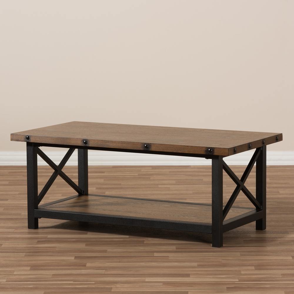 Herzen Rustic Industrial Style Antique Black Textured Finished Metal Distressed Wood Occasional Cocktail Coffee Table FredCo