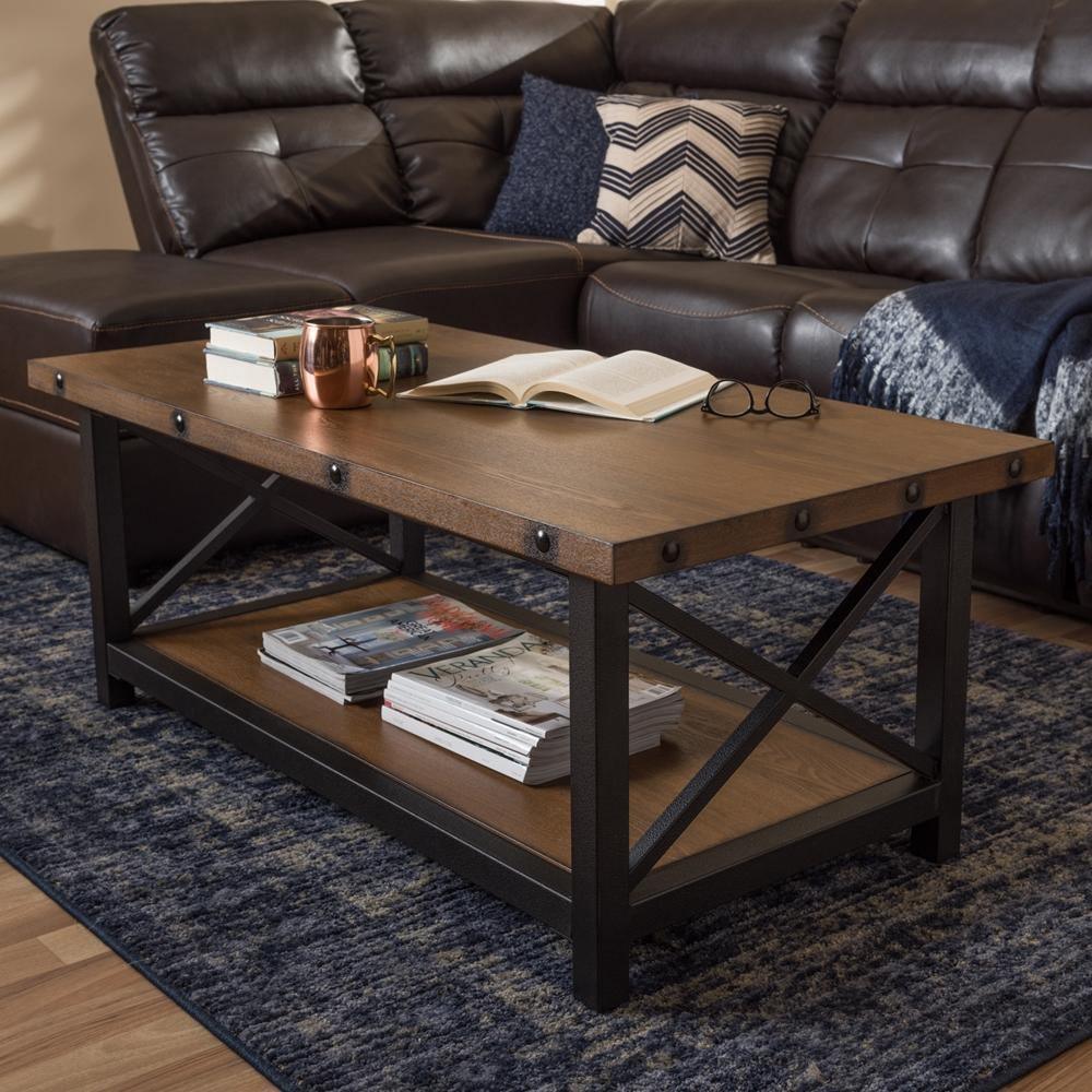 Herzen Rustic Industrial Style Antique Black Textured Finished Metal Distressed Wood Occasional Cocktail Coffee Table FredCo