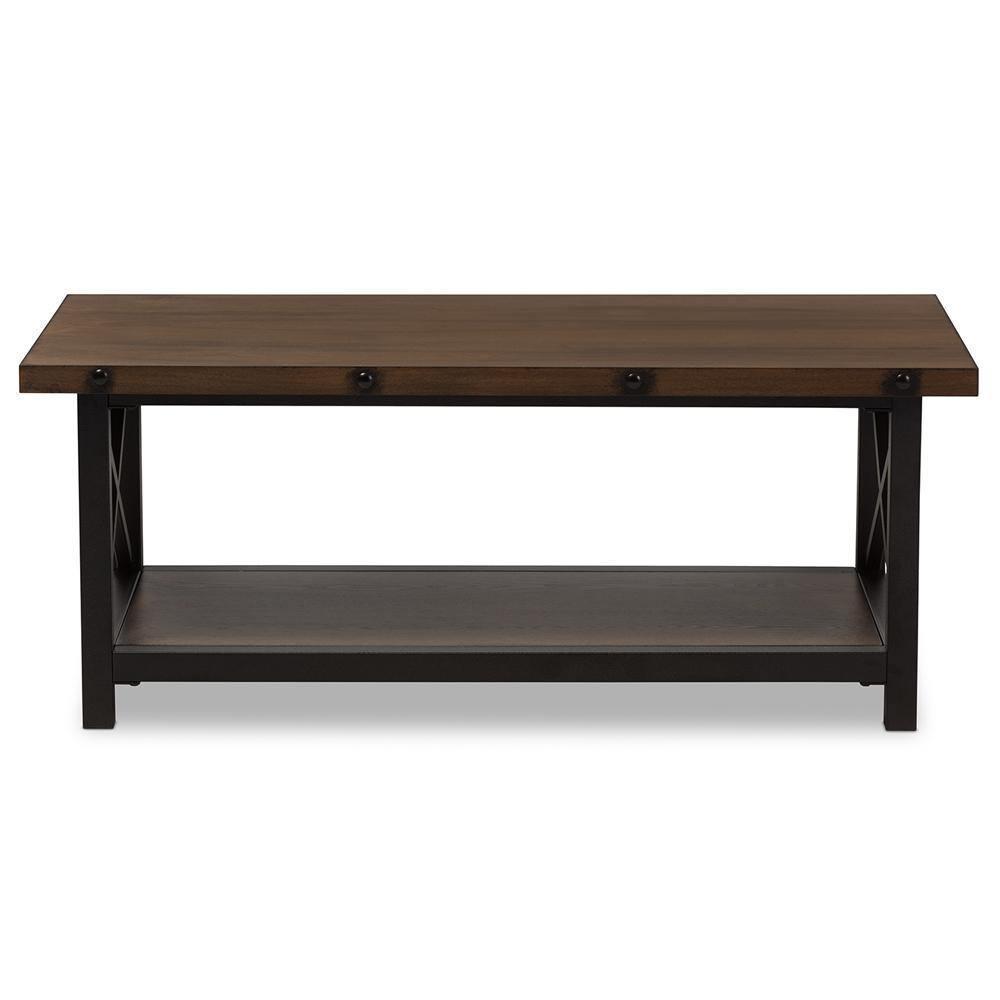 Herzen Rustic Industrial Style Antique Black Textured Finished Metal Distressed Wood Occasional Cocktail Coffee Table FredCo