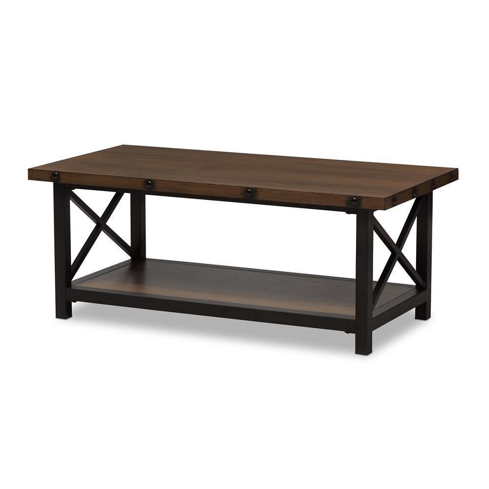 Herzen Rustic Industrial Style Antique Black Textured Finished Metal Distressed Wood Occasional Cocktail Coffee Table FredCo