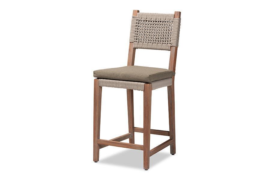Heyna Mid-Century Transitional Grey Woven Rope Mahogany Counter Stool FredCo