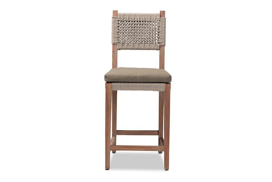 Heyna Mid-Century Transitional Grey Woven Rope Mahogany Counter Stool FredCo