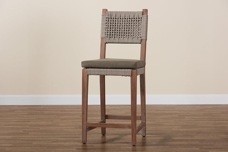 Heyna Mid-Century Transitional Grey Woven Rope Mahogany Counter Stool FredCo