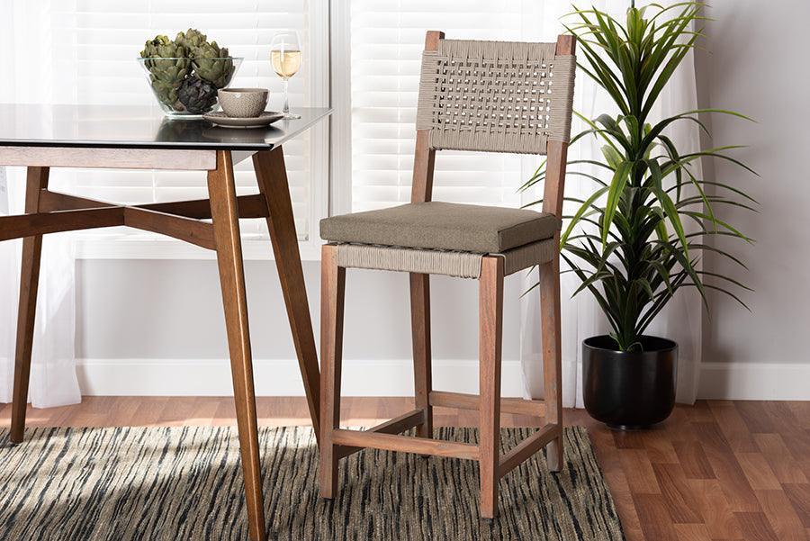 Heyna Mid-Century Transitional Grey Woven Rope Mahogany Counter Stool FredCo