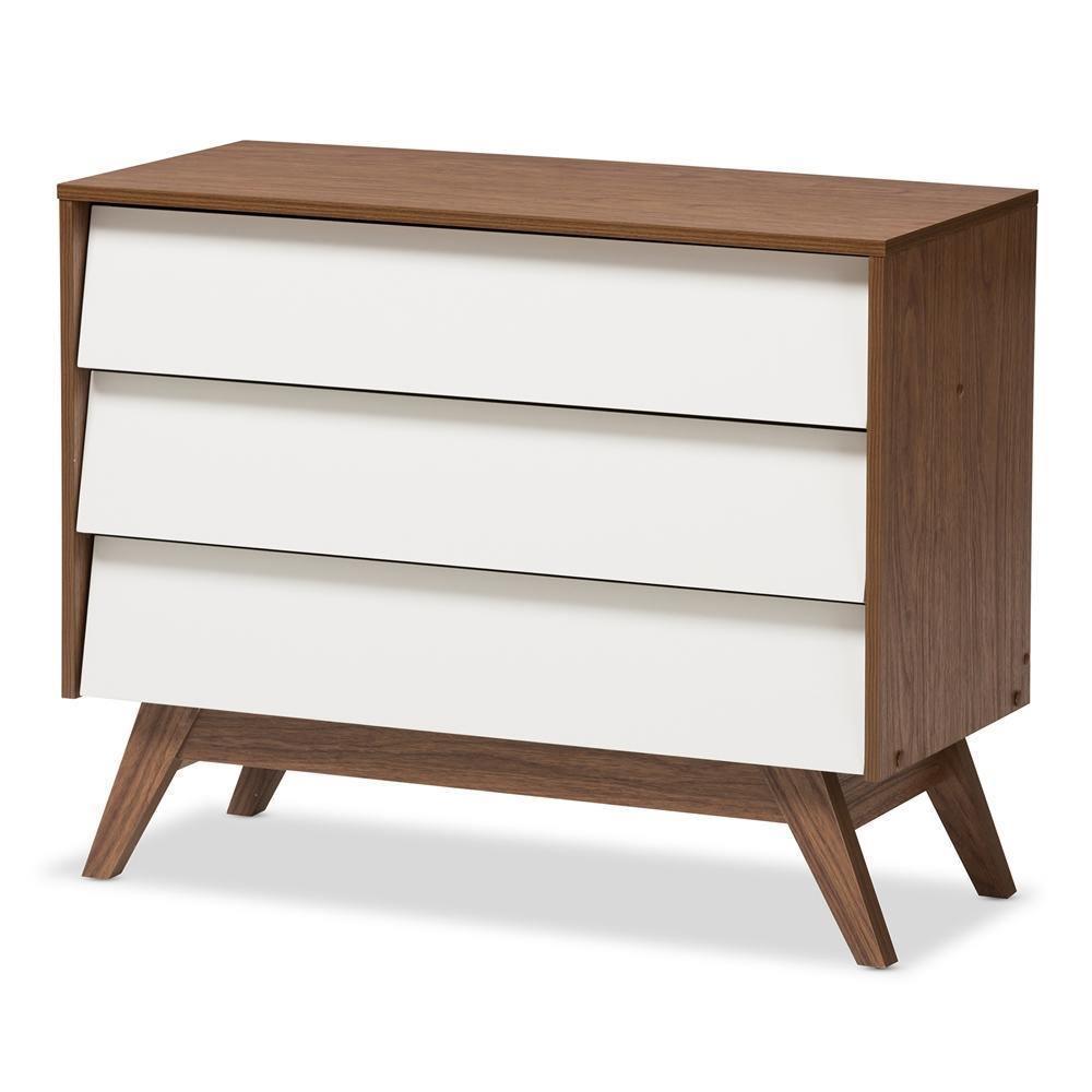 Hildon Mid-Century Modern White and Walnut Wood 3-Drawer Storage Chest FredCo