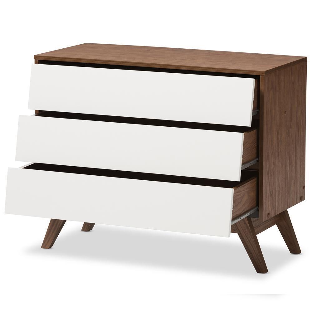 Hildon Mid-Century Modern White and Walnut Wood 3-Drawer Storage Chest FredCo