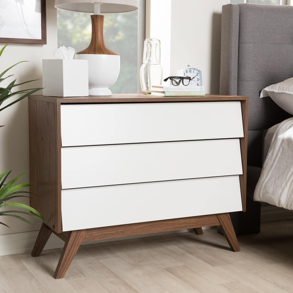 Hildon Mid-Century Modern White and Walnut Wood 3-Drawer Storage Chest FredCo