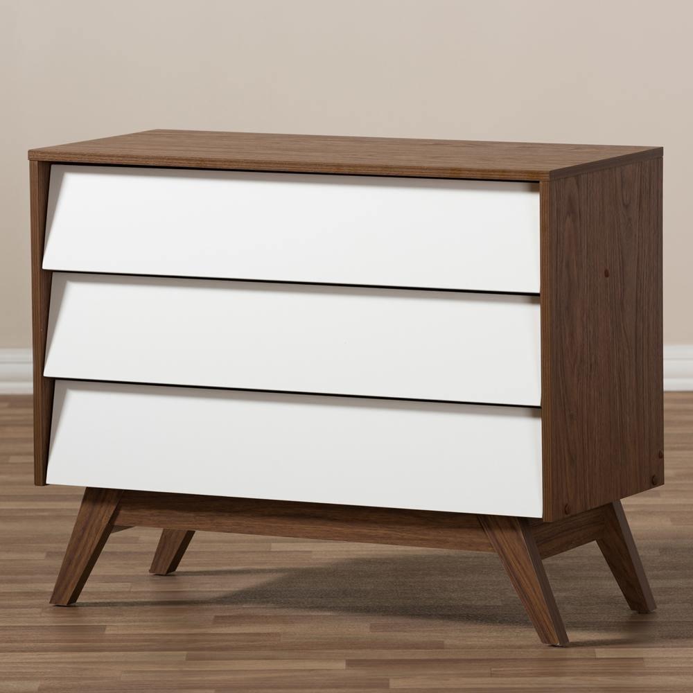 Hildon Mid-Century Modern White and Walnut Wood 3-Drawer Storage Chest FredCo