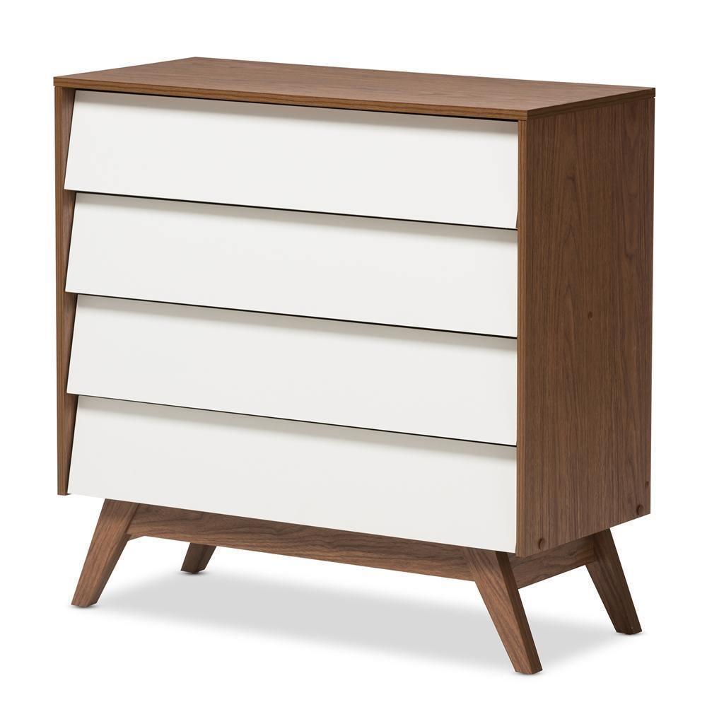 Hildon Mid-Century Modern White and Walnut Wood 4-Drawer Storage Chest FredCo