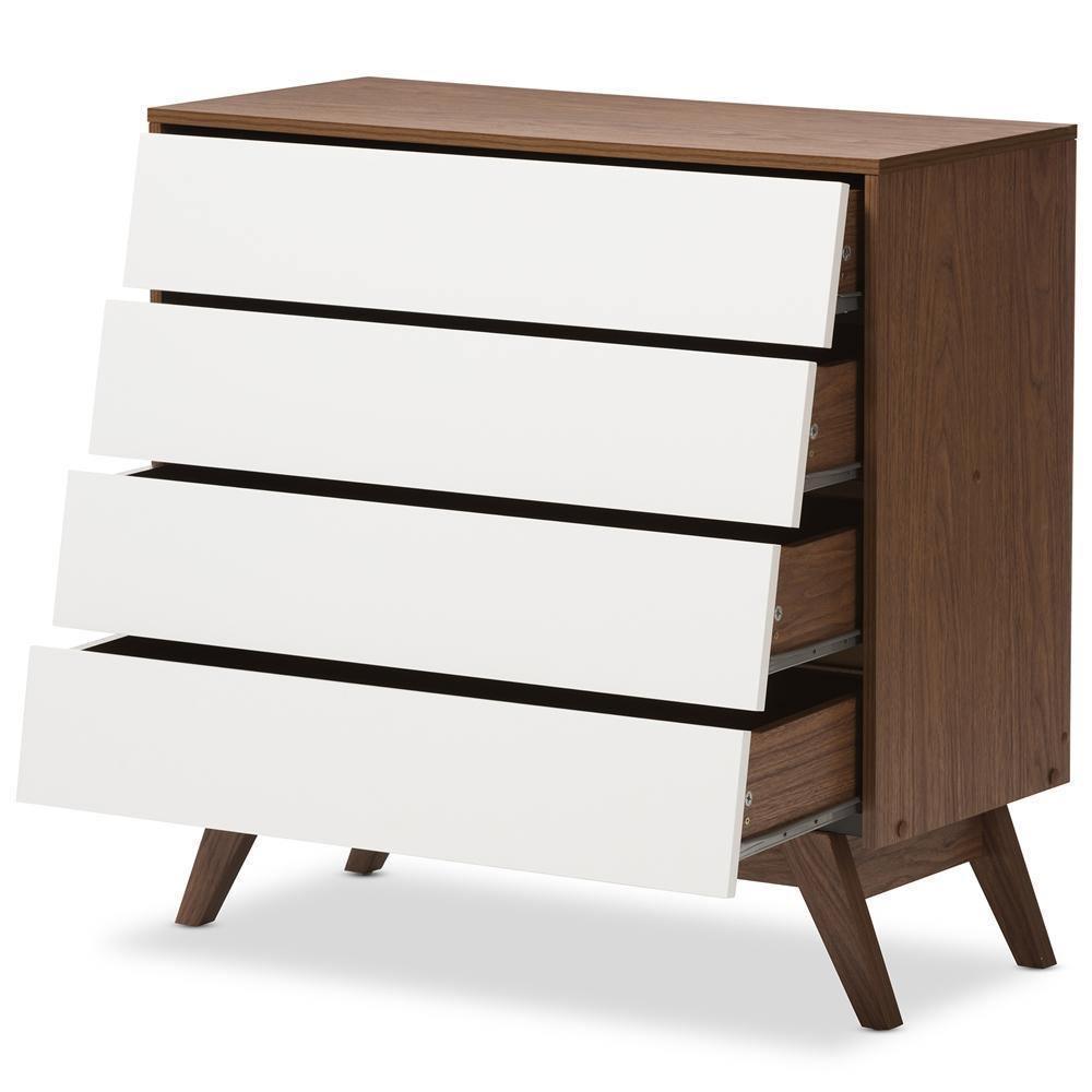 Hildon Mid-Century Modern White and Walnut Wood 4-Drawer Storage Chest FredCo