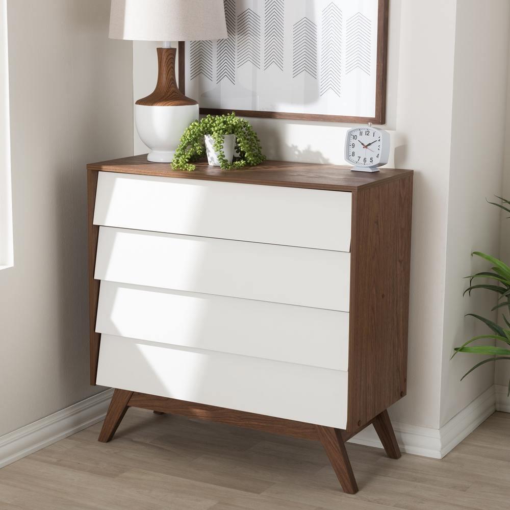 Hildon Mid-Century Modern White and Walnut Wood 4-Drawer Storage Chest FredCo