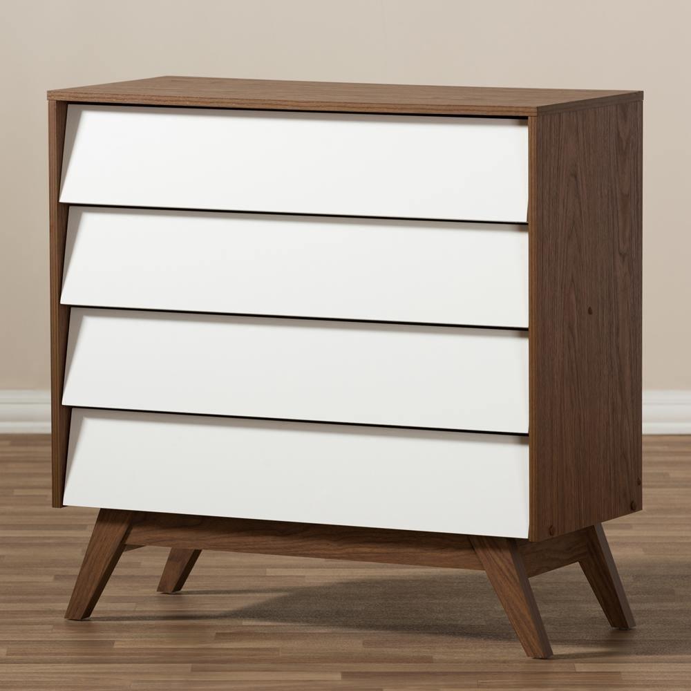 Hildon Mid-Century Modern White and Walnut Wood 4-Drawer Storage Chest FredCo