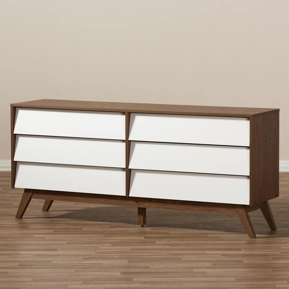 Hildon Mid-Century Modern White and Walnut Wood 6-Drawer Storage Dresser FredCo