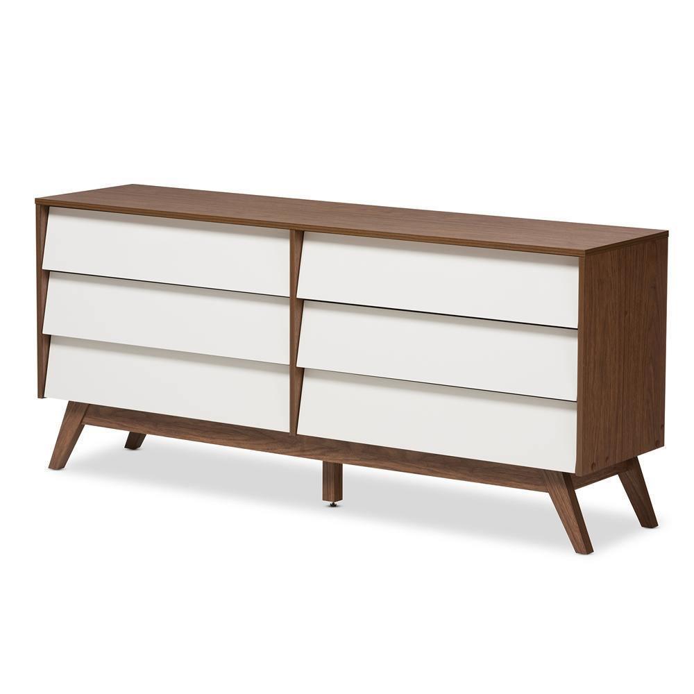 Hildon Mid-Century Modern White and Walnut Wood 6-Drawer Storage Dresser FredCo