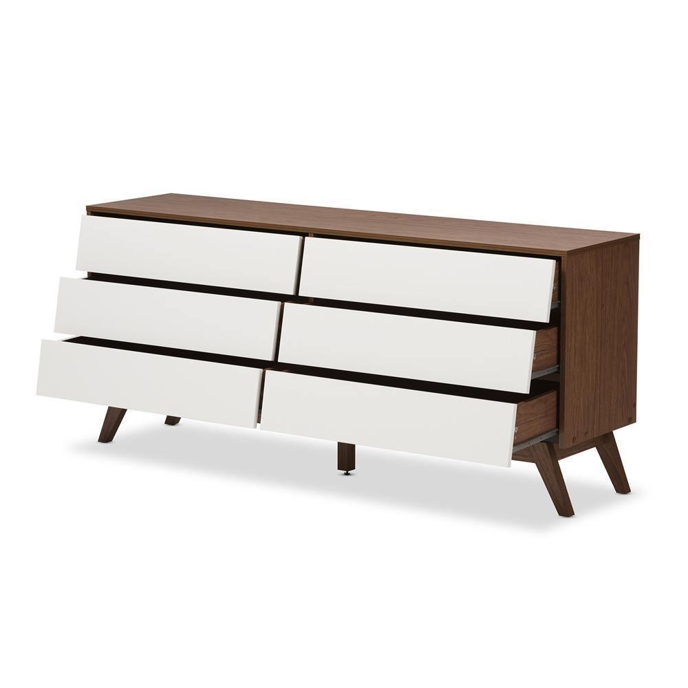 Hildon Mid-Century Modern White and Walnut Wood 6-Drawer Storage Dresser FredCo