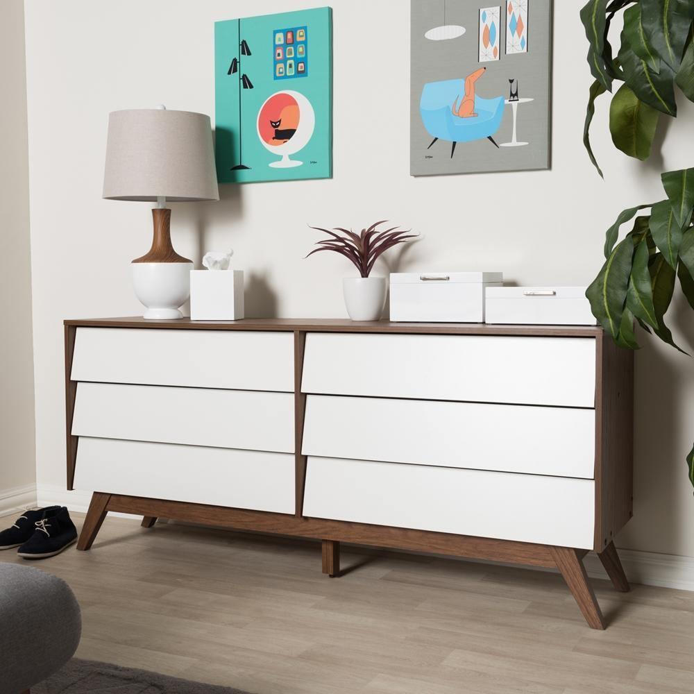 Hildon Mid-Century Modern White and Walnut Wood 6-Drawer Storage Dresser FredCo