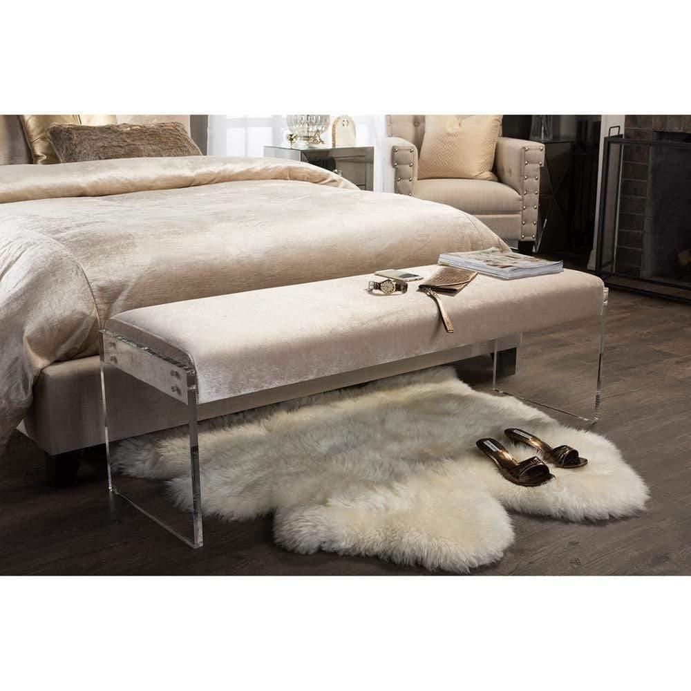 Hildon Modern and Contemporary Beige Microsuede Fabric Upholstered Lux Bench with Paneled Acrylic Legs FredCo