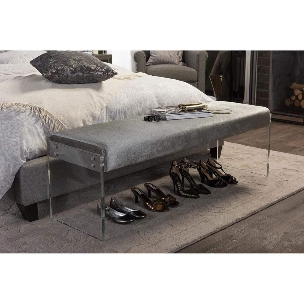 Hildon Modern and Contemporary Grey Microsuede Fabric Upholstered Lux Bench with Paneled Acrylic Legs FredCo