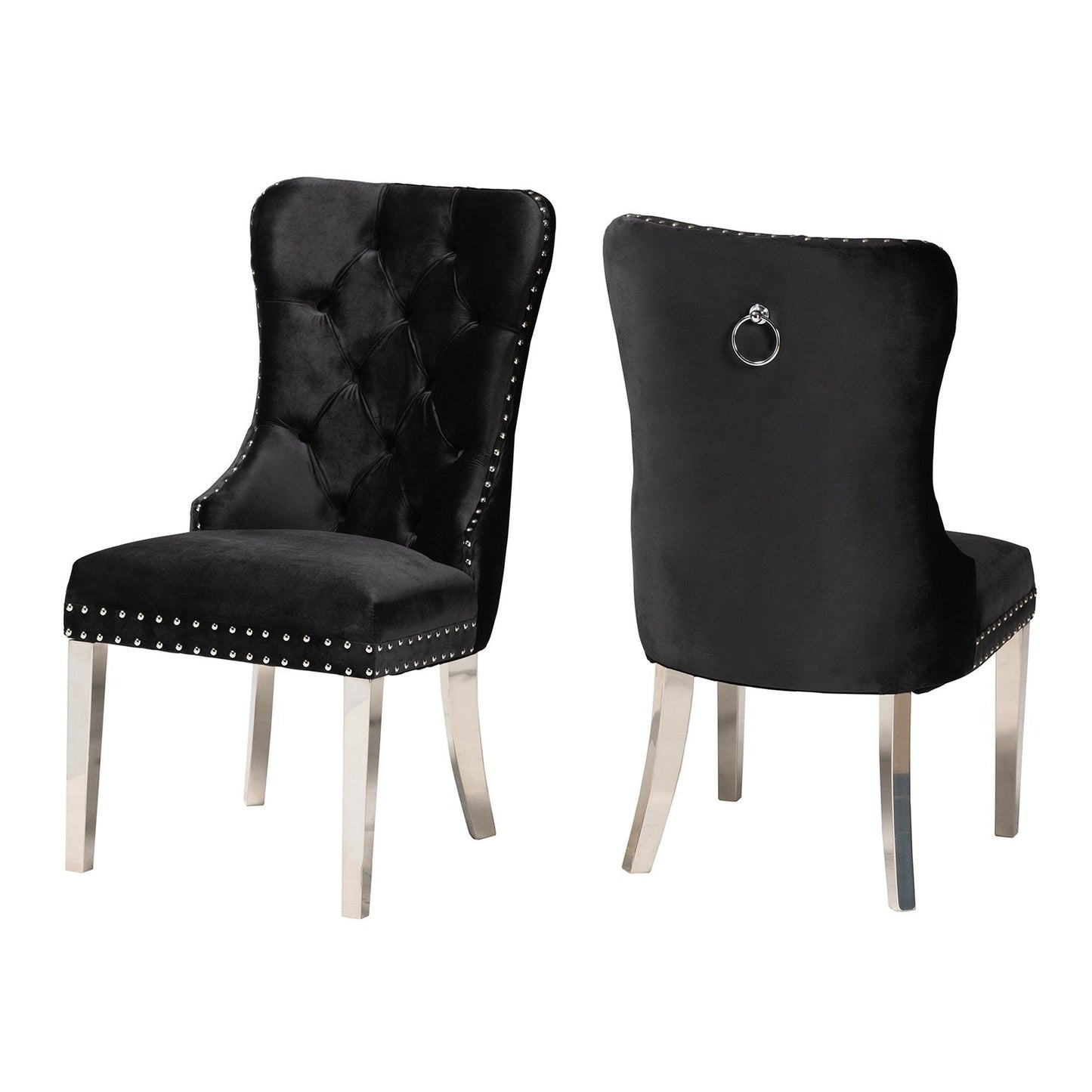 Honora Contemporary Glam and Luxe Black Velvet Fabric and Silver Metal 2-Piece Dining Chair Set FredCo