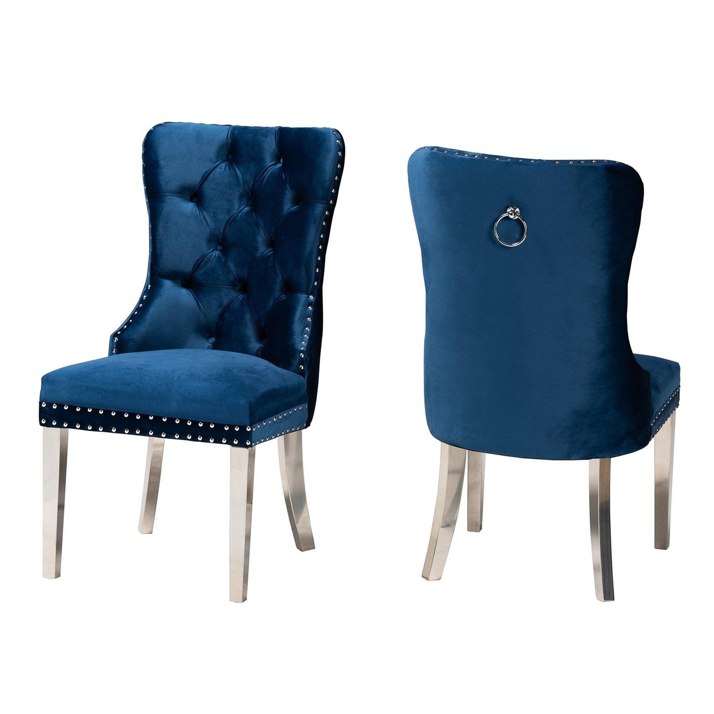Honora Contemporary Glam and Luxe Navy Blue Velvet Fabric and Silver Metal 2-Piece Dining Chair Set FredCo