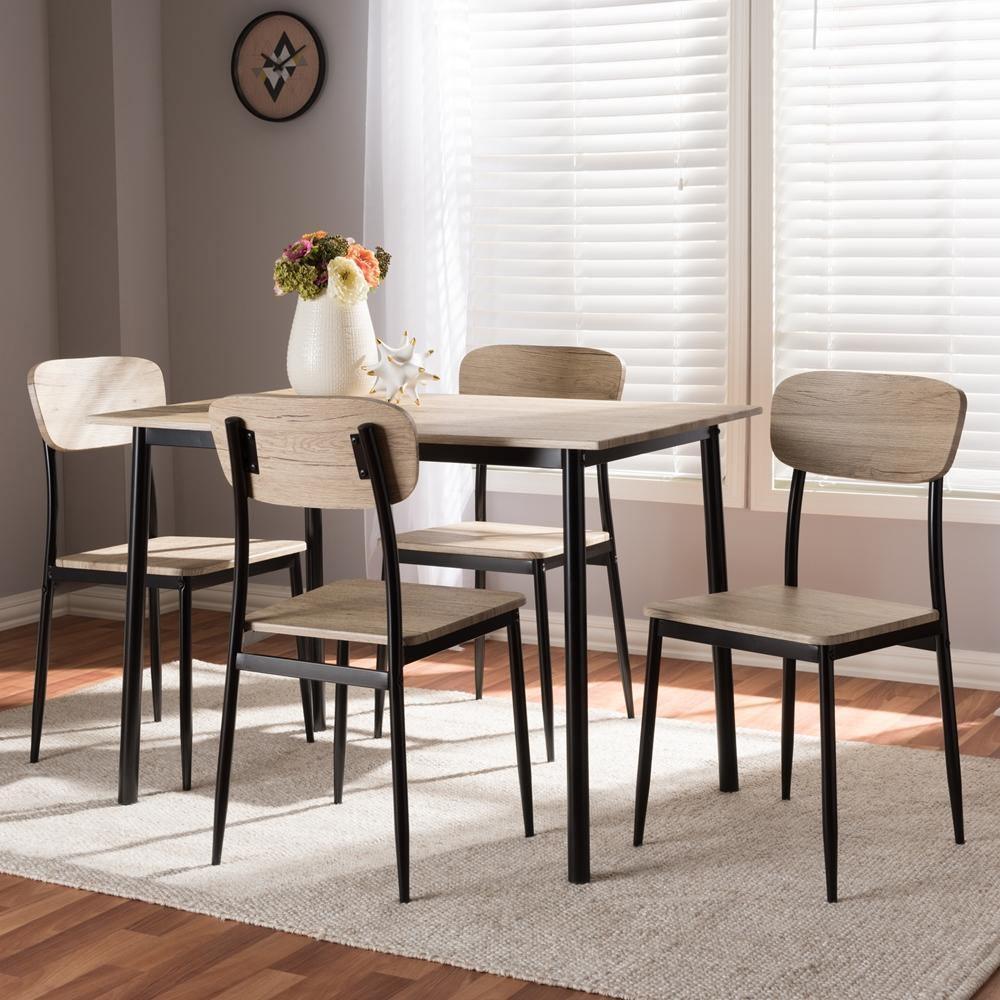 Honore Mid-Century Modern Light Brown Wood Finished Matte Black Frame 5-Piece Dining Set FredCo