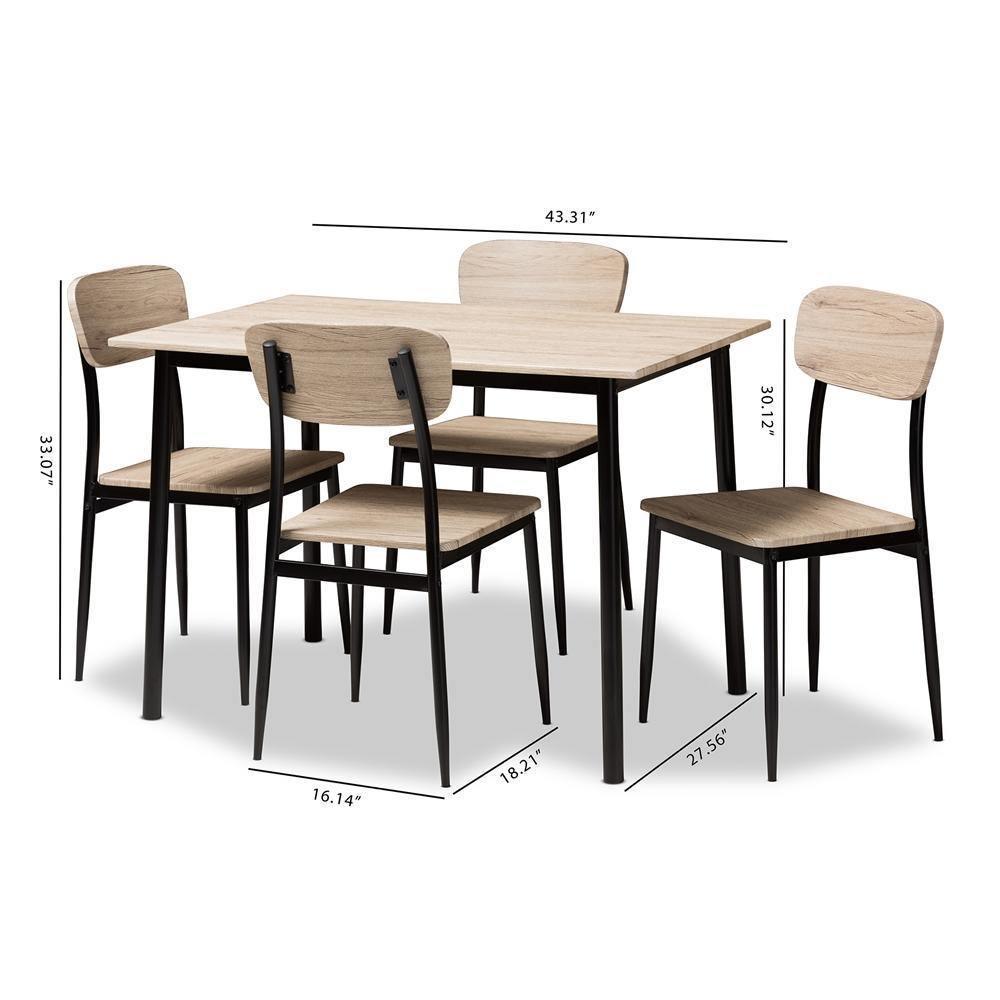 Honore Mid-Century Modern Light Brown Wood Finished Matte Black Frame 5-Piece Dining Set FredCo