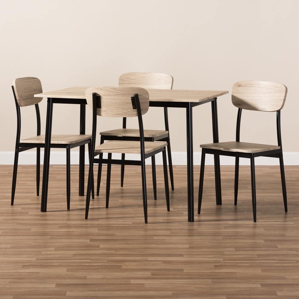 Honore Mid-Century Modern Light Brown Wood Finished Matte Black Frame 5-Piece Dining Set FredCo