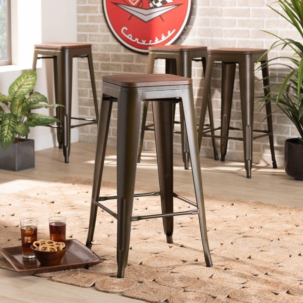 Horton Modern and Contemporary Brown Metal and Walnut Brown Finished Wood 4-Piece Bar Stool Set FredCo