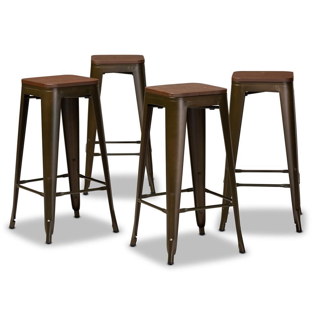 Horton Modern and Contemporary Brown Metal and Walnut Brown Finished Wood 4-Piece Bar Stool Set FredCo