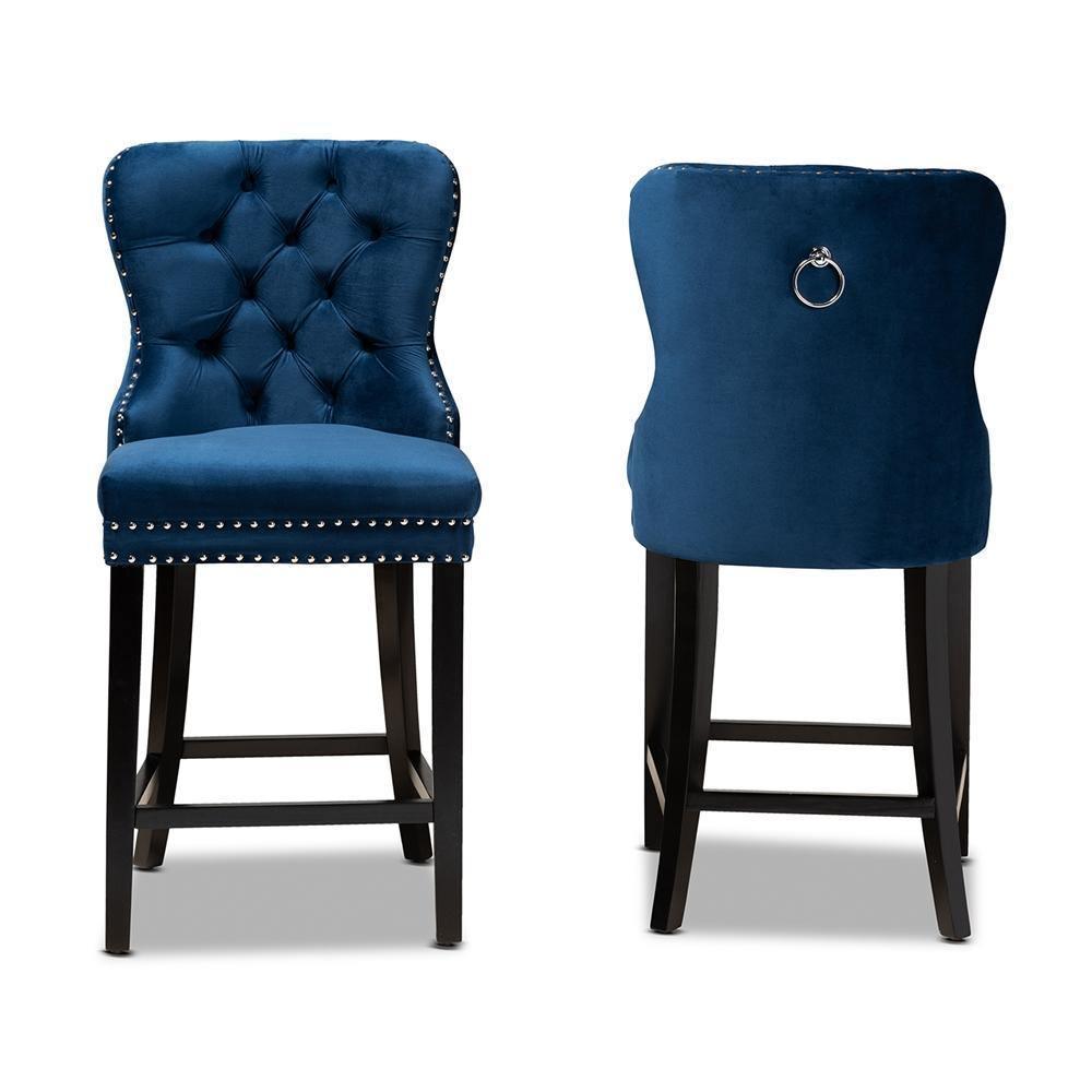 Howell Modern Transitional Navy Blue Velvet Upholstered and Dark Brown Finished Wood 2-Piece Counter Stool Set FredCo