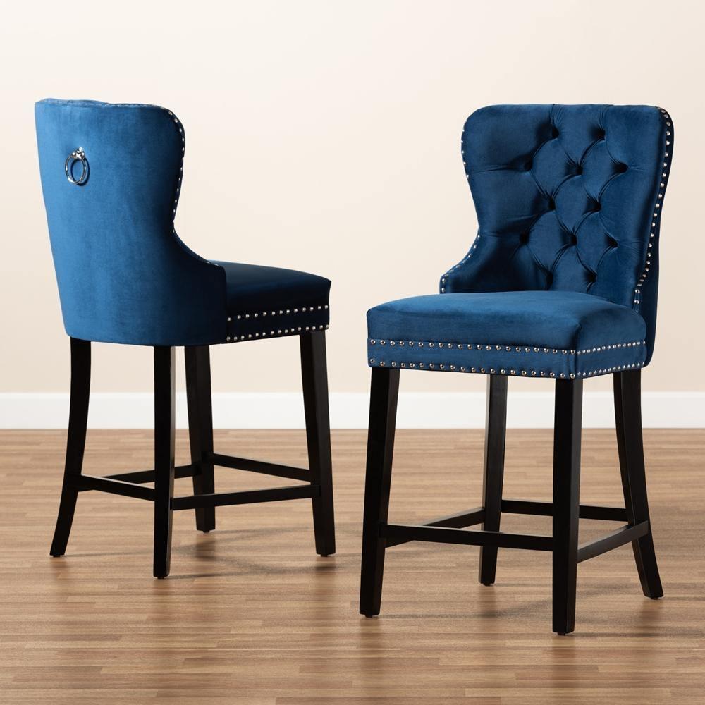 Howell Modern Transitional Navy Blue Velvet Upholstered and Dark Brown Finished Wood 2-Piece Counter Stool Set FredCo