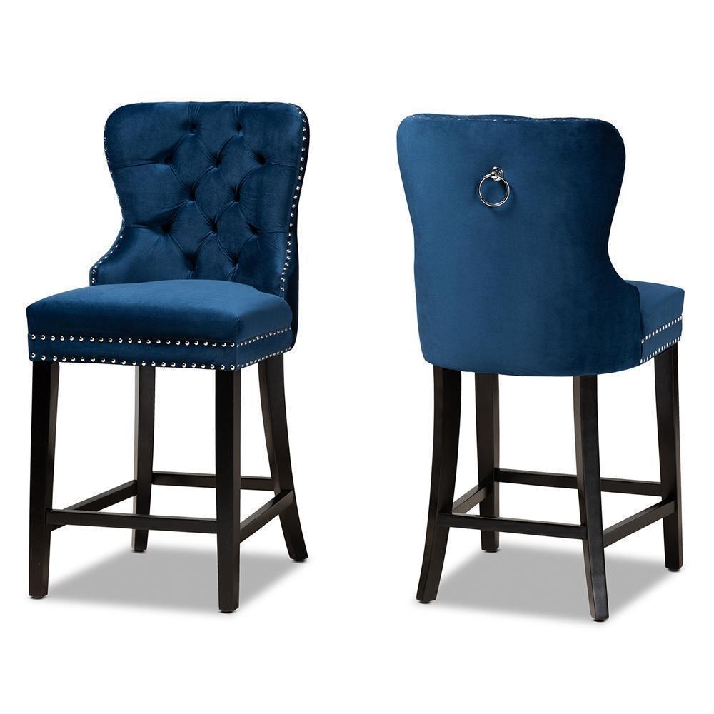 Howell Modern Transitional Navy Blue Velvet Upholstered and Dark Brown Finished Wood 2-Piece Counter Stool Set FredCo