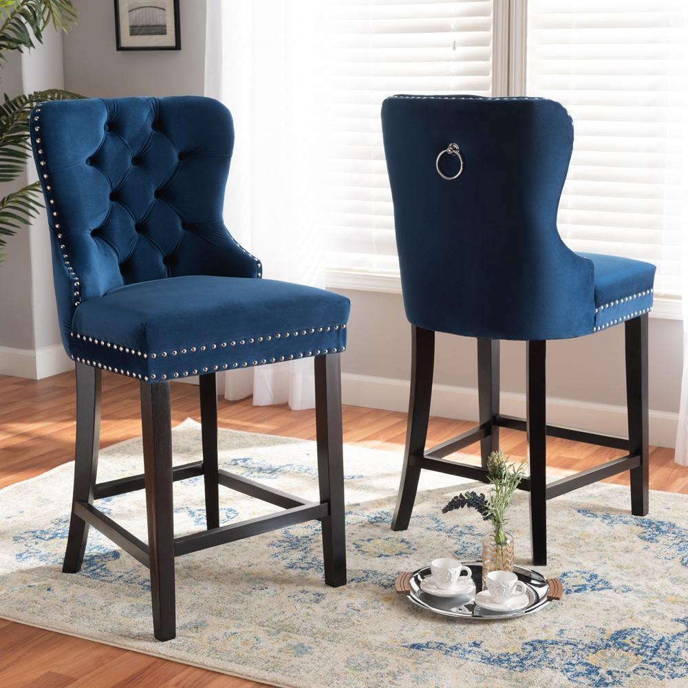 Howell Modern Transitional Navy Blue Velvet Upholstered and Dark Brown Finished Wood 2-Piece Counter Stool Set FredCo