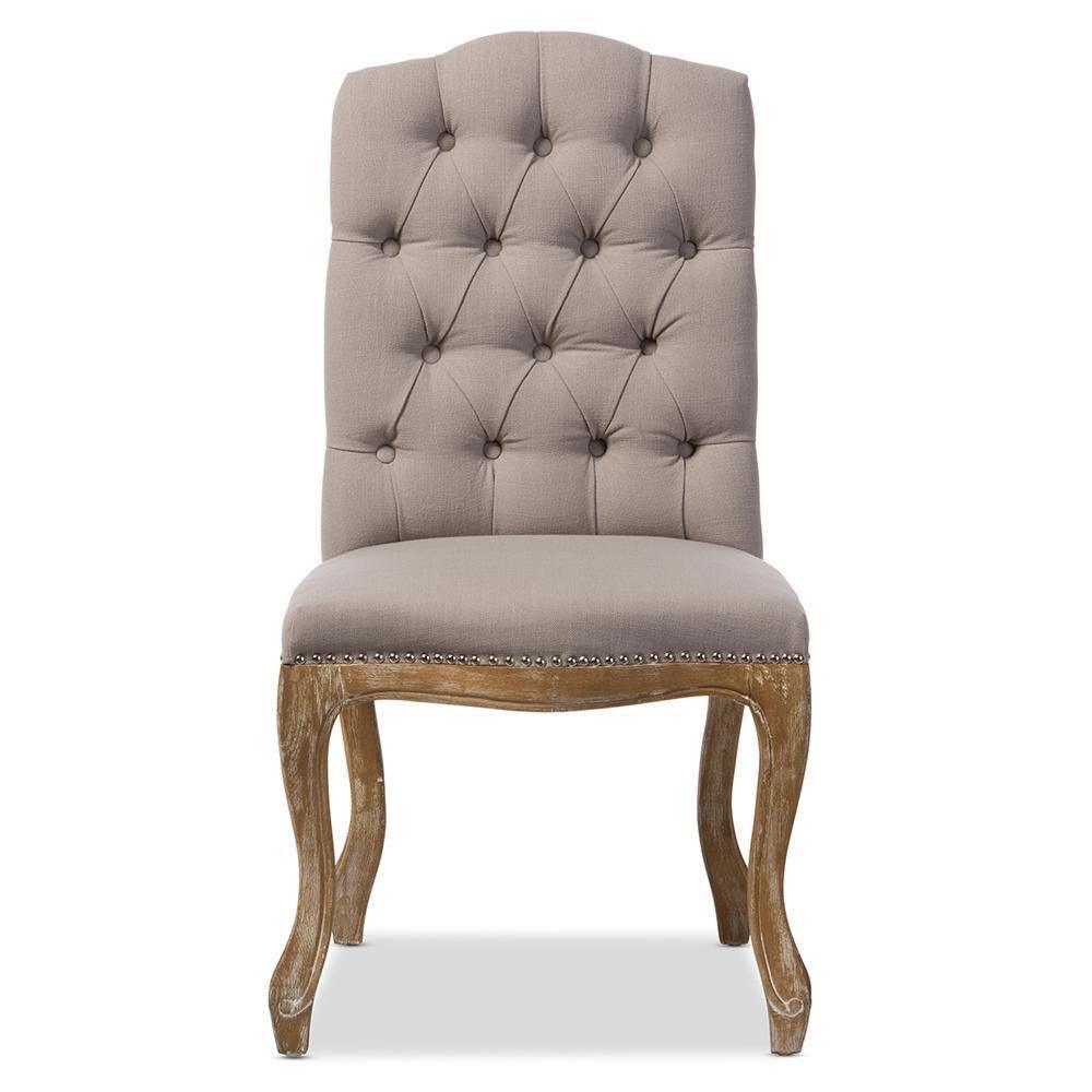 Hudson Chic Rustic French Country Cottage Weathered Oak Beige Fabric Button-tufted Upholstered Dining Chair FredCo