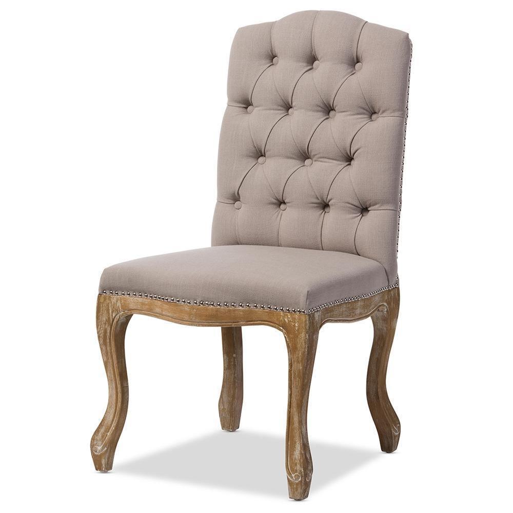 Hudson Chic Rustic French Country Cottage Weathered Oak Beige Fabric Button-tufted Upholstered Dining Chair FredCo
