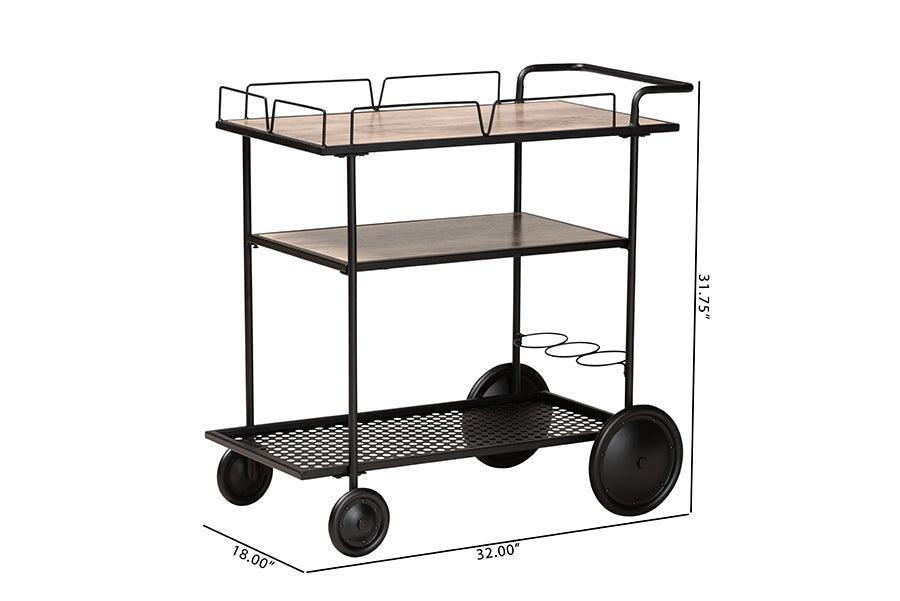 Huntley Modern Industrial Walnut Brown Finished Wood and Black Metal Mobile Wine Cart FredCo