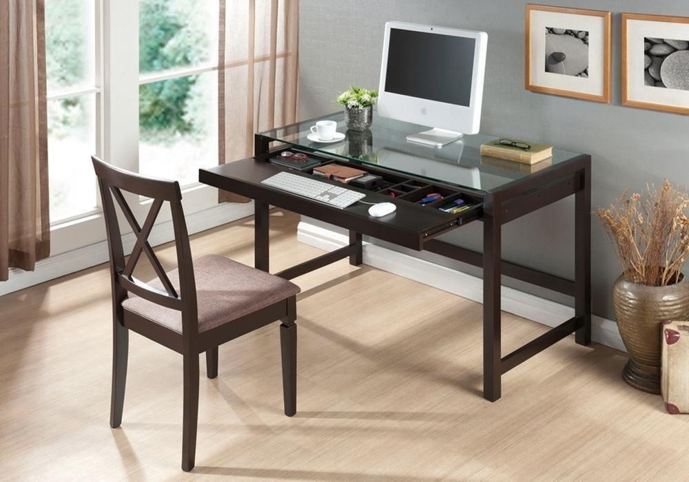 Idabel Dark Brown Wood Modern Desk with Glass Top FredCo