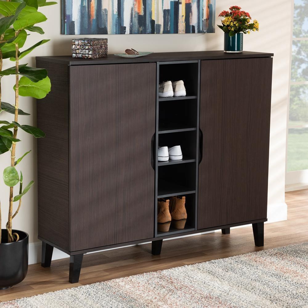 Idina Mid-Century Modern Two-Tone Dark Brown and Grey Finished Wood 2-Door Shoe Cabinet FredCo