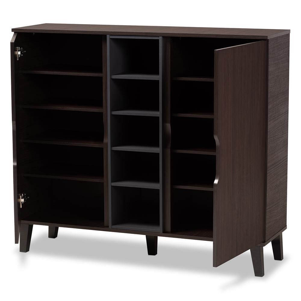 Idina Mid-Century Modern Two-Tone Dark Brown and Grey Finished Wood 2-Door Shoe Cabinet FredCo