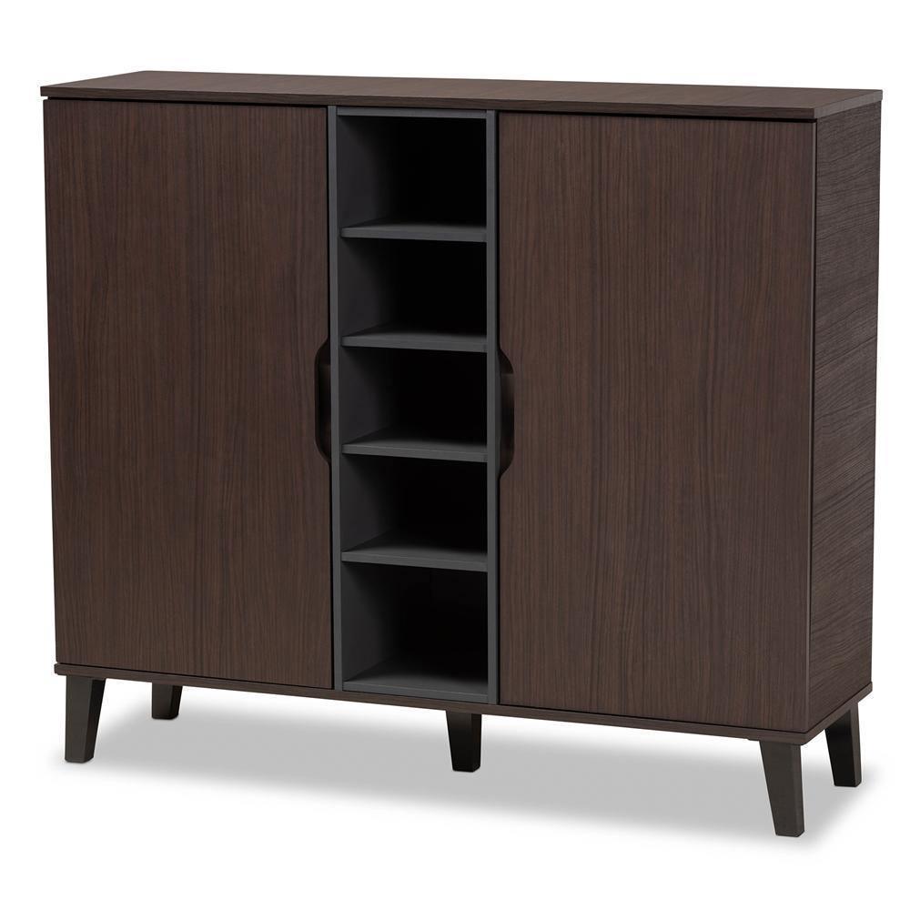 Idina Mid-Century Modern Two-Tone Dark Brown and Grey Finished Wood 2-Door Shoe Cabinet FredCo