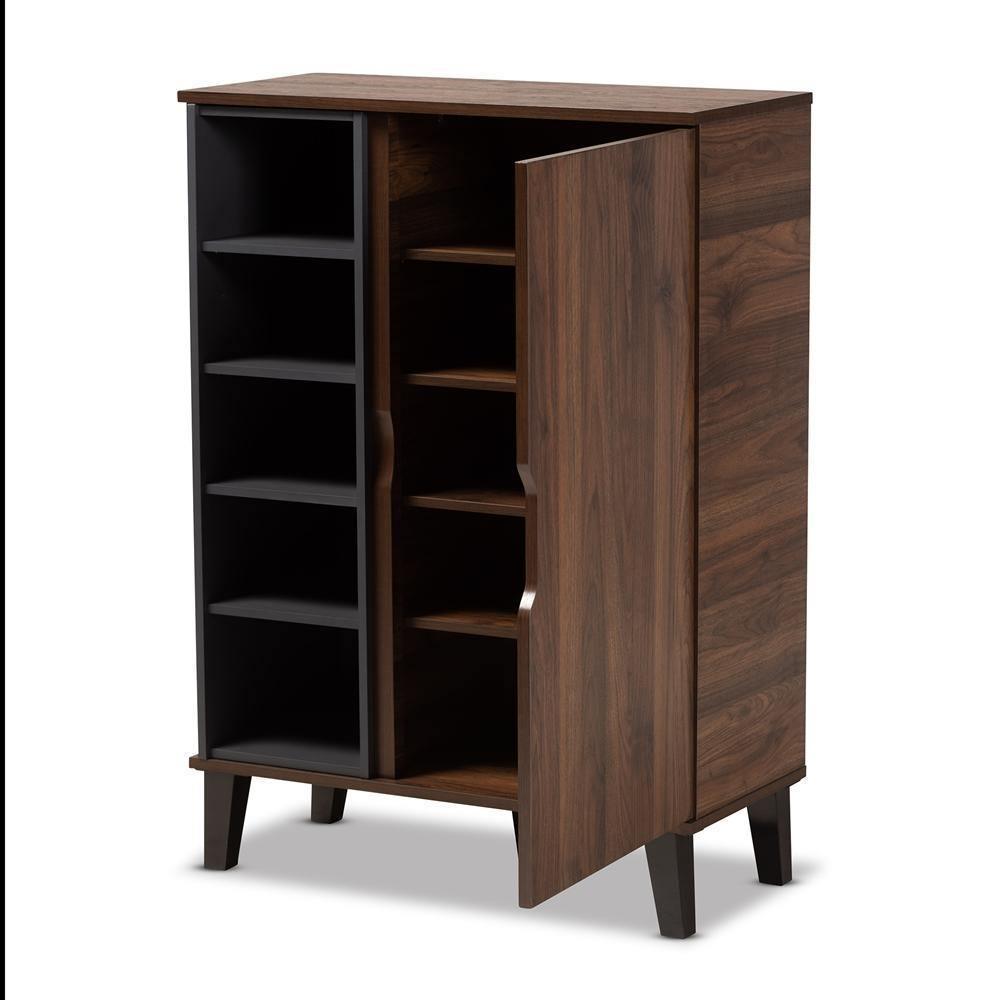 Idina Mid-Century Modern Two-Tone Walnut Brown and Grey Finished Wood 1-Door Shoe Cabinet FredCo