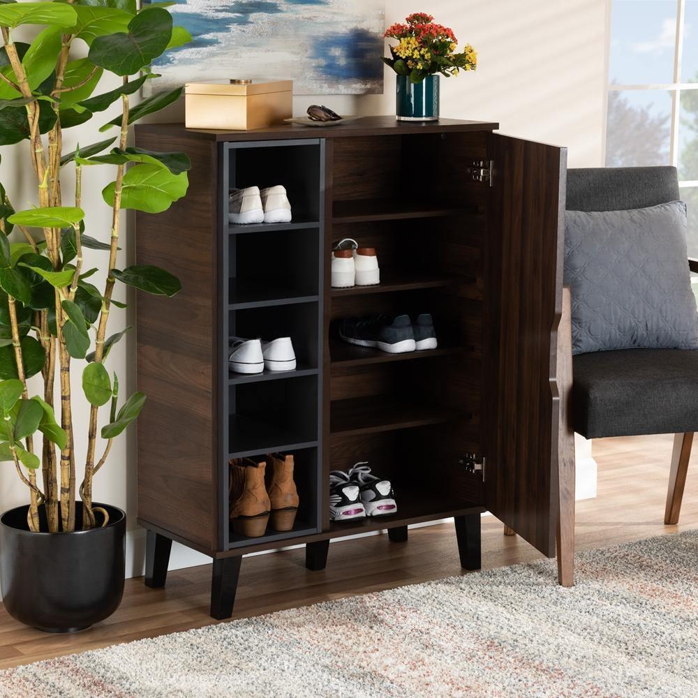 Idina Mid-Century Modern Two-Tone Walnut Brown and Grey Finished Wood 1-Door Shoe Cabinet FredCo