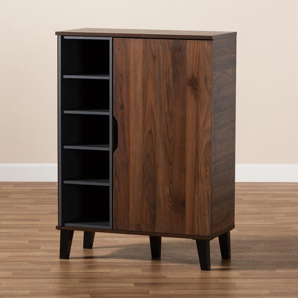 Idina Mid-Century Modern Two-Tone Walnut Brown and Grey Finished Wood 1-Door Shoe Cabinet FredCo