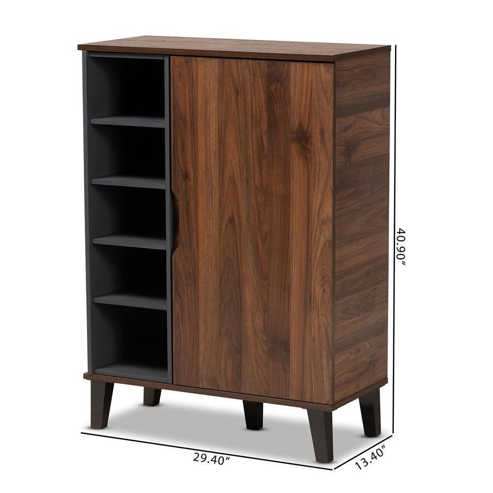 Idina Mid-Century Modern Two-Tone Walnut Brown and Grey Finished Wood 1-Door Shoe Cabinet FredCo